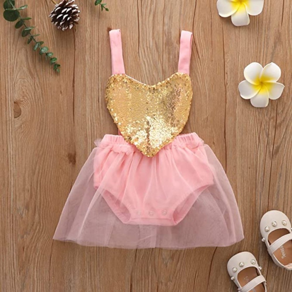 Baby Girl Valentine's Day Romper Dress Sequin Tulle Dress Pink & Gold 6-12m